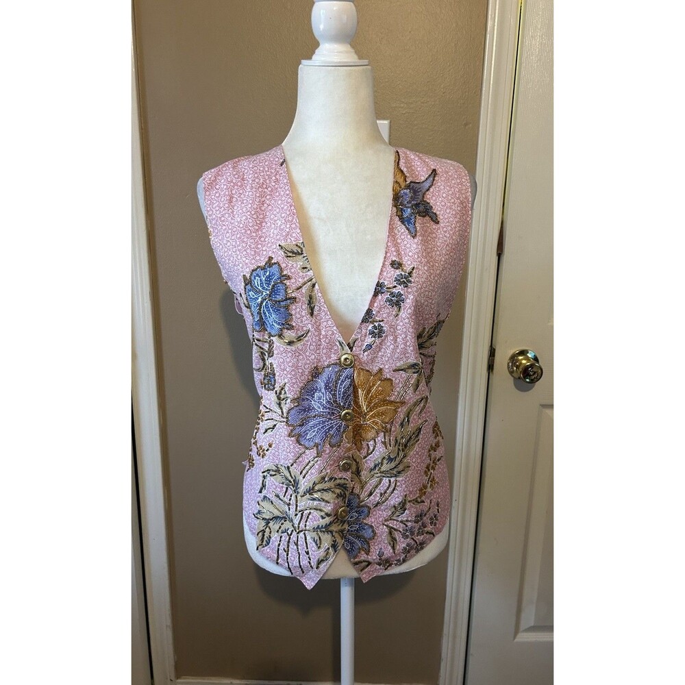 Vtg Vest Batik Patchwork Beaded Waistcoat Button Down Gold Accent Pink Floral S